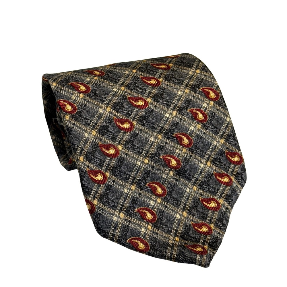 VTG Chaps Ralph Lauren Tie Grey Plaid Red Paisley Silk Necktie Mens Accessories